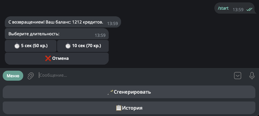 Выбор длительности видео 5 или 10 секунд со стоимостью в кредитах