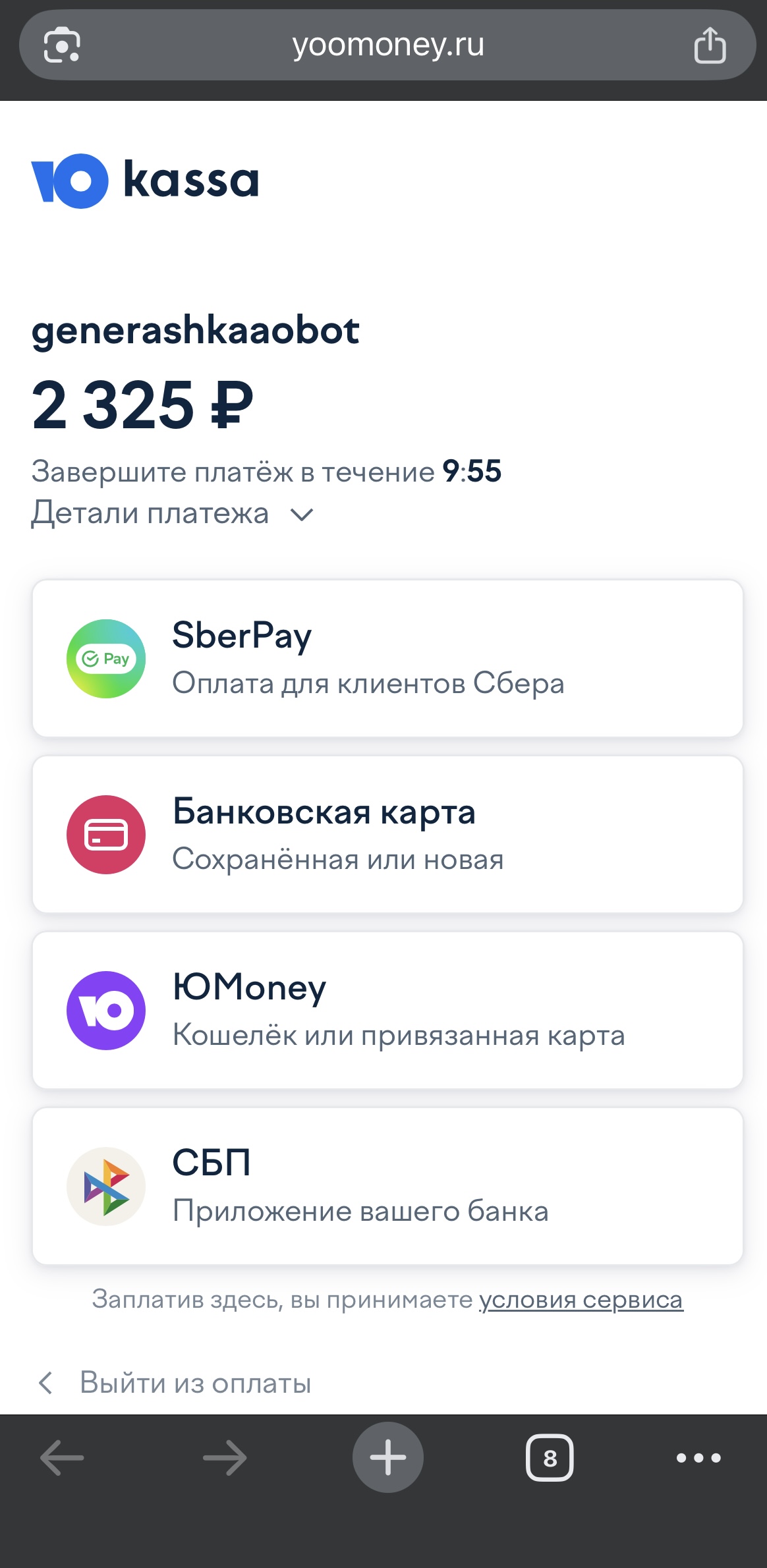 Экран ЮKassa: оплата 2 325 ₽ — SberPay, Банковская карта, ЮMoney, СБП