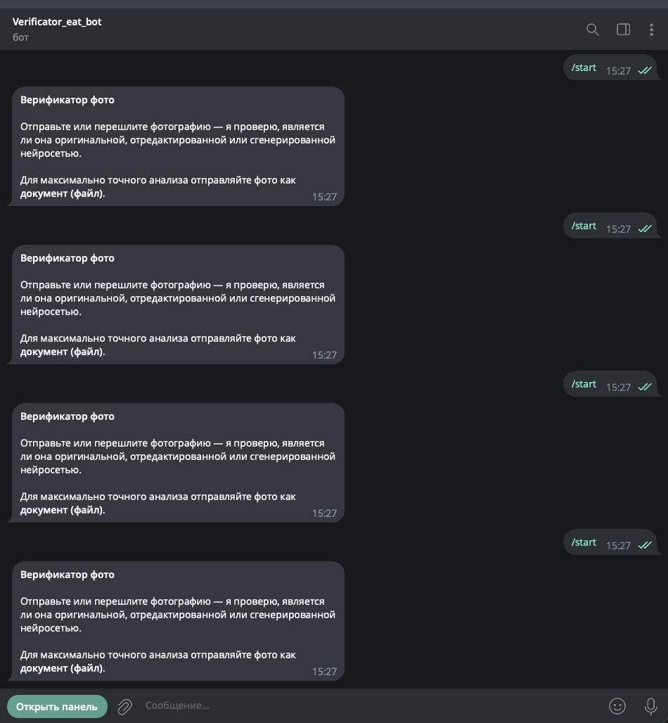 Команда /start в боте — подсказка отправить фото для верификации